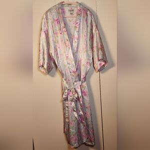 Chandio Vintage Floral Satin Robe Size 2X Pink Blue Rose Double Tie Boho Elegant
